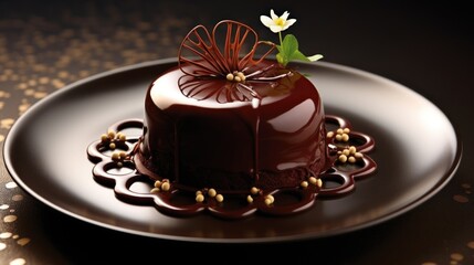  a chocolate cake with a flower on top of it on a plate with gold flecks on the table.
