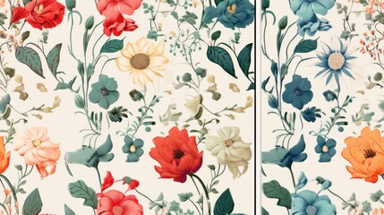  a picture of a flower pattern on a white background with red, orange, and blue flowers on the left and right side of the image on the right side of the right side of the image.