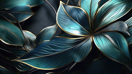  a close up of a blue and gold flower on a black background with a green leafy plant in the foreground.