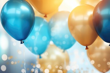 Party balloons Background , golden and blue balloons background with confetti and bokeh backgrounds Ai generated