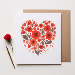 Beautiful valentine's day greeting card on white desk. Flat lay, top view. Creative Valentine's Day flowers concept.