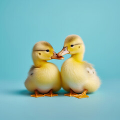 Two cute yellow ducklings hugging and cuddle on a blue pastel background. Valentine's Day romantic love concept.