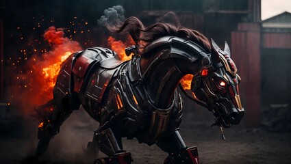 Black horse with fiery mane standing in front of a burning forest.