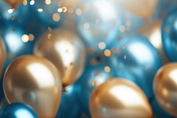 Balloons Background Decoration , golden and blue balloons background with confetti and bokeh backgrounds Ai generated