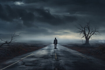 A man walking alone on a lonely road in the middle of nowhere, depicting the feeling of loneliness, depression or feeling lost