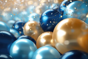 Balloons Background Decoration , golden and blue balloons background with confetti and bokeh backgrounds Ai generated