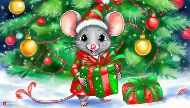 ratoncito en traje de vacaciones sosteniendo un regalo envuelto frente a un &aacute;rbol