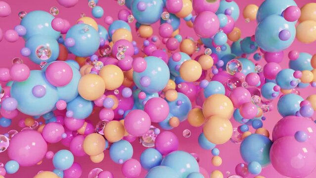 Abstract 3d spheres loop animation. Modern bright background, seamless motion design, screensaver, backdrop. 4k animated poster banner. random balls, particles, bubbles, blue, pink colors