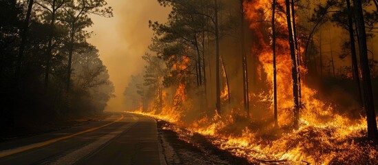 Highway near Cameron, Louisiana threatened by controlled fire. - obrazy, fototapety, plakaty