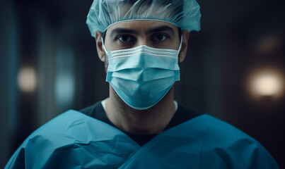 Male doctor surgeon practitioner wearing a medical mask in hospital, headshot portrait. Generative AI
