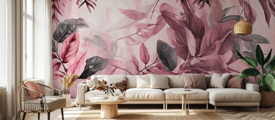 Pink leaf mural wallpaper