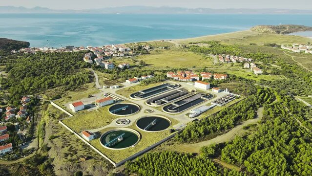 Aerial view of sewage treatment plant. Industrial water treatment, waste water management