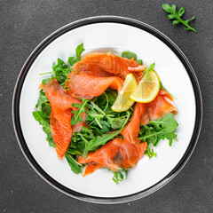 salmon salad fish seafood ready to eat eating cooking appetizer meal food snack on the table copy space food background rustic top view  diet Pescetarian