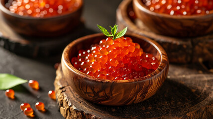 delicious fresh red fish caviar in a wooden bowl - obrazy, fototapety, plakaty