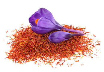 Pile of dried saffron and crocus flowers isolated on a white background. Saffron crocus threads.