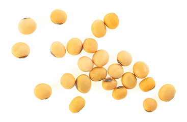 Pile of soybeans isolated on a white background, top view. Soybean seeds.