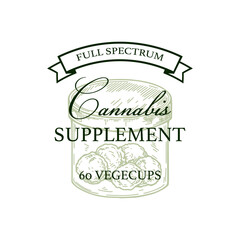 Cannabis product packaging design. Marijuana logo template with hand drawn elements. Vector illustration in sketch style.