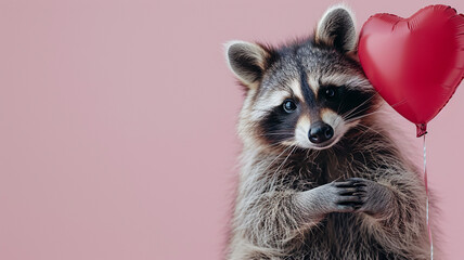cute raccoon with balloon heart for valentines day - obrazy, fototapety, plakaty