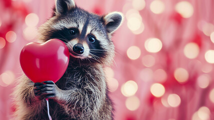 cute raccoon with balloon heart for valentines day