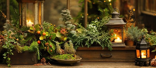 Christmas garden display with helleborus niger, prickly heat, senecio cineraria, and coniferous plants in wooden box and lantern. - obrazy, fototapety, plakaty