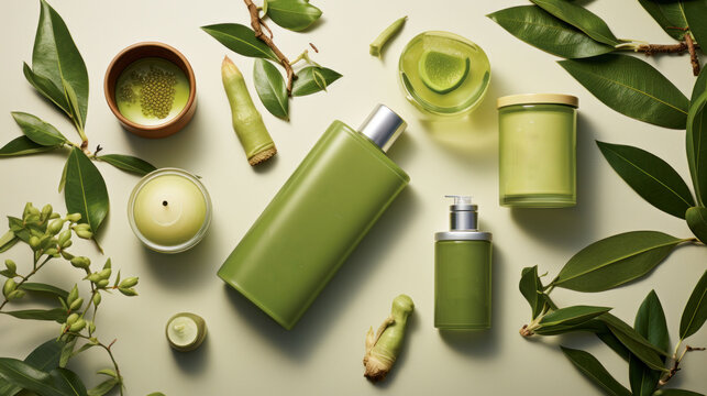  the contents of a green skin care product on a white surface with green leaves and a cup of green tea.