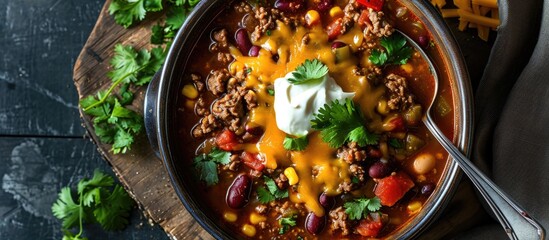 Taco soup with Mexican beef, beans, and toppings