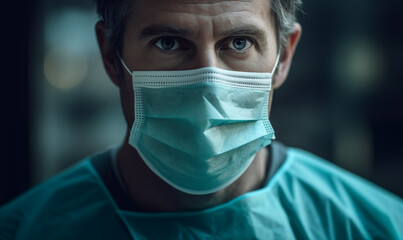 Fototapeta na wymiar Male doctor surgeon practitioner wearing a medical mask in hospital, headshot portrait. Generative AI