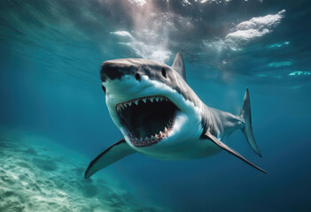 Fototapeta premium AI generated illustration of an underwater shot of a Great White shark, jaws wide open