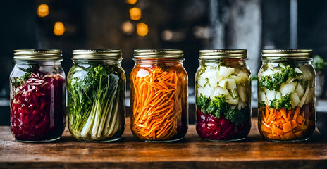 Vibrant mason jars with fermented vegetables. - obrazy, fototapety, plakaty
