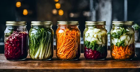 Fotobehang Vibrant mason jars with fermented vegetables. © IllustrationAlchemy