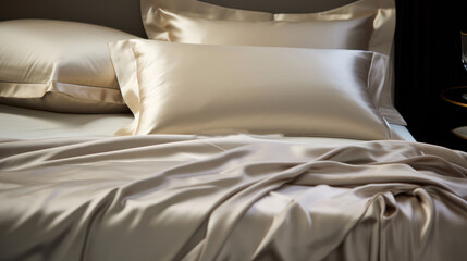  a close up of a bed with a white comforter and a glass of wine on the side of the bed.