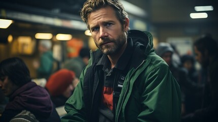 A man in a green jacket at the station awaits the arrival of the train