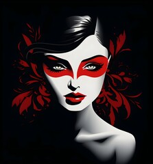 Attractive young woman digital illustration portrait wearing a mask on her face, incognito, hiding her personality, celebrity, a secret, mystery luxury concept. Black, red ad white plain background
