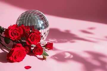Disco ball, roses bouquet and shadows on pink background. Mirror ball. Celebration, party, Valentine's Day concept. 80s and 90s style. Reflection of light and shadows. Vintage, retro aesthetics