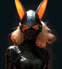 Stylized cartoon action scene of a half bunny-half woman superhero, in a mask, red, black and white, animal ears costume, secret, powerful bdsm concept, dominatrix