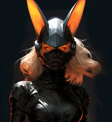 Stylized cartoon action scene of a half bunny-half woman superhero, in a mask, red, black and white, animal ears costume, secret, powerful bdsm concept, dominatrix © Vladislava