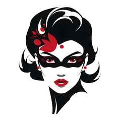 Attractive young woman digital illustration portrait wearing a mask on her face, incognito, hiding her personality, celebrity, a secret, mystery luxury concept. Black, red ad white plain background