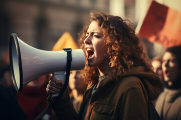 woman shouting into a megaphone - obrazy, fototapety, plakaty