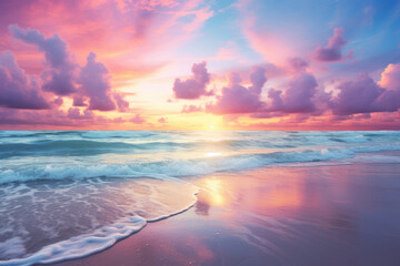 Serene Paradise Sunset, Pink and Azure Beach Blis - obrazy, fototapety, plakaty