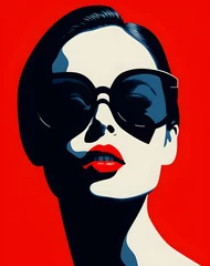  red black and white silhouette of woman face with red lips wearing sunglasses, vector icon ready to print, design as banner isolated on white background, bright colors, retro vintage poster superwoman © Vladislava