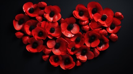  a heart - shaped arrangement of red flowers on a black background for a valentine's day or valentine's day card.