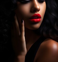 cropped view of seductive woman with red lips and makeup showing shh symbol, mysterious girl hiding a secret, isolated on black dark background, banner wallpaper