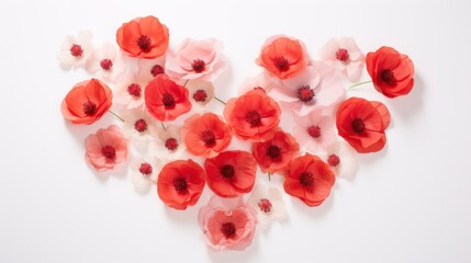  a bunch of red and white flowers arranged in the shape of a heart on a white background with space for text.