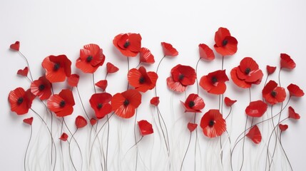  a group of red flowers sitting on top of a white wall next to a bunch of long stems of grass.