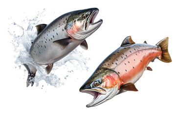 Set of salmon fishes cut out on a transparent background. Red salmon fishes emerges from the water. Design element to be inserted into an aquarium design or project - obrazy, fototapety, plakaty