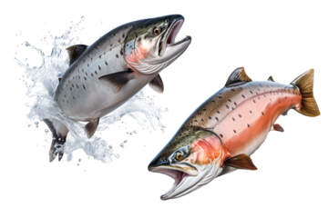 Set of salmon fishes cut out on a transparent background. Red salmon fishes emerges from the water. Design element to be inserted into an aquarium design or project