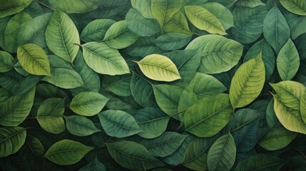  a close up of a painting of a green leafy plant with lots of green leaves on top of it. - obrazy, fototapety, plakaty