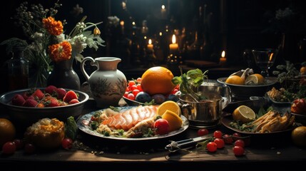  a table topped with plates of food next to a vase filled with oranges and other fruits and veggies.