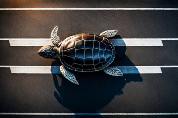 Sea turtle unexpected racer on the track.