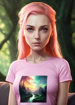 Summer Smith from Rick and Morty, cartoon style, wearing a pink t-shirt, red hairs, green eyes